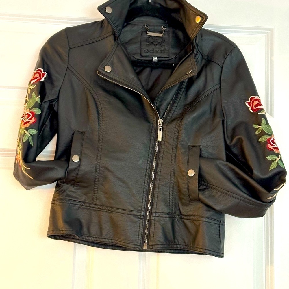 Black Leather Moto Jacket with Embroidery